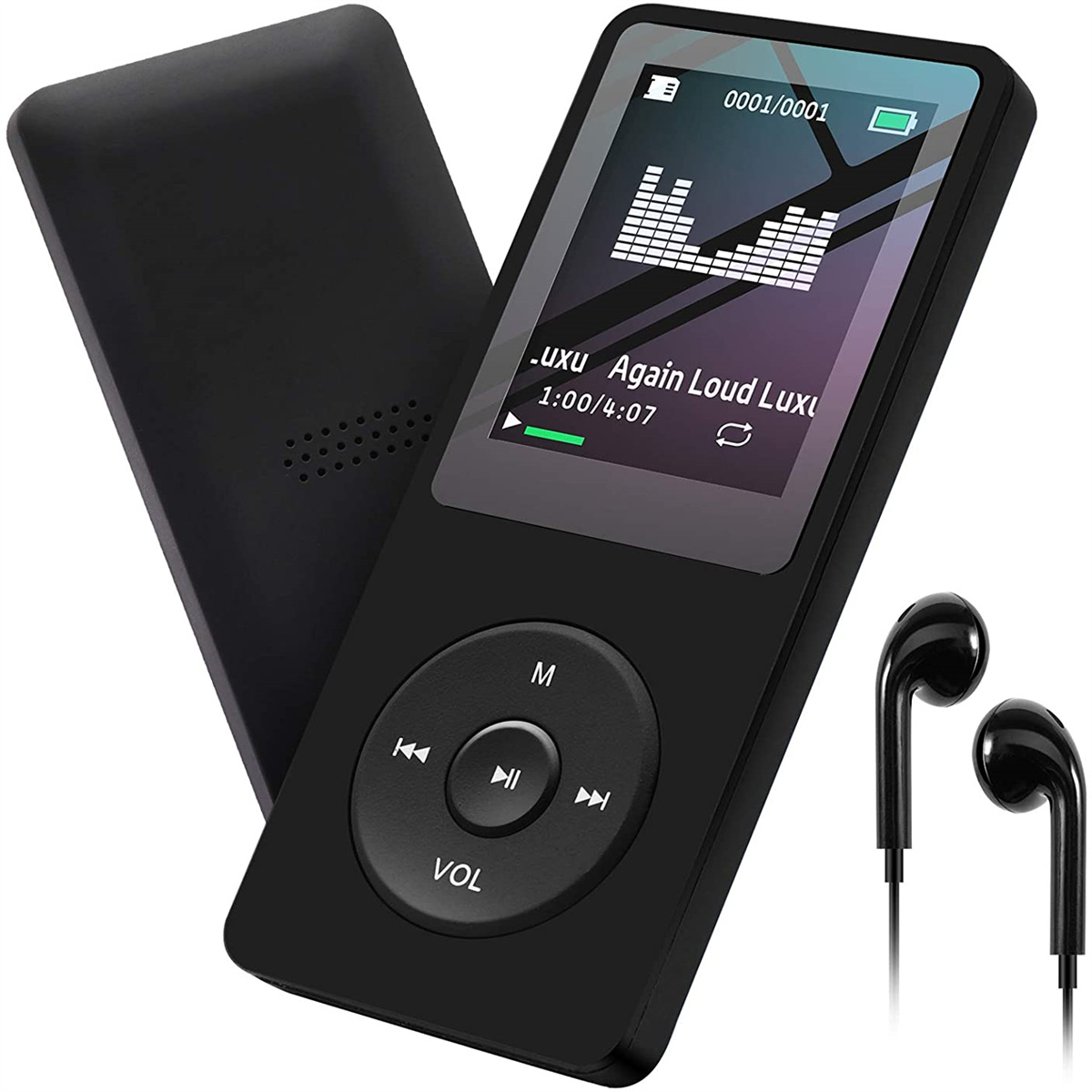 Schwarzer MP3-Player mit Bildschirm, der ein Lied anzeigt, und schwarze Ohrhörer daneben.