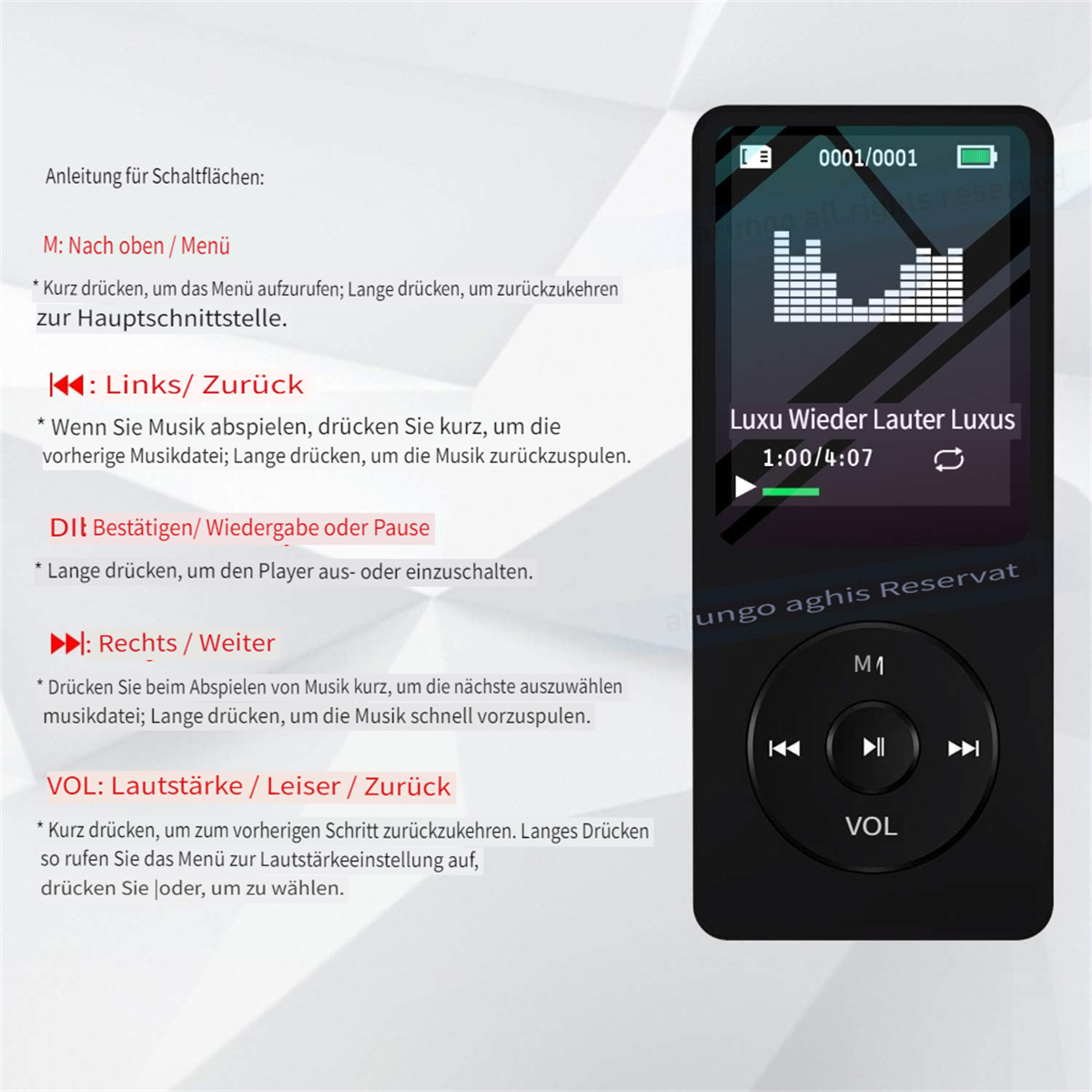 Schwarzer MP3-Player mit Bildschirm, der Musikinformationen und Steuertasten anzeigt. Weißer Hintergrund.