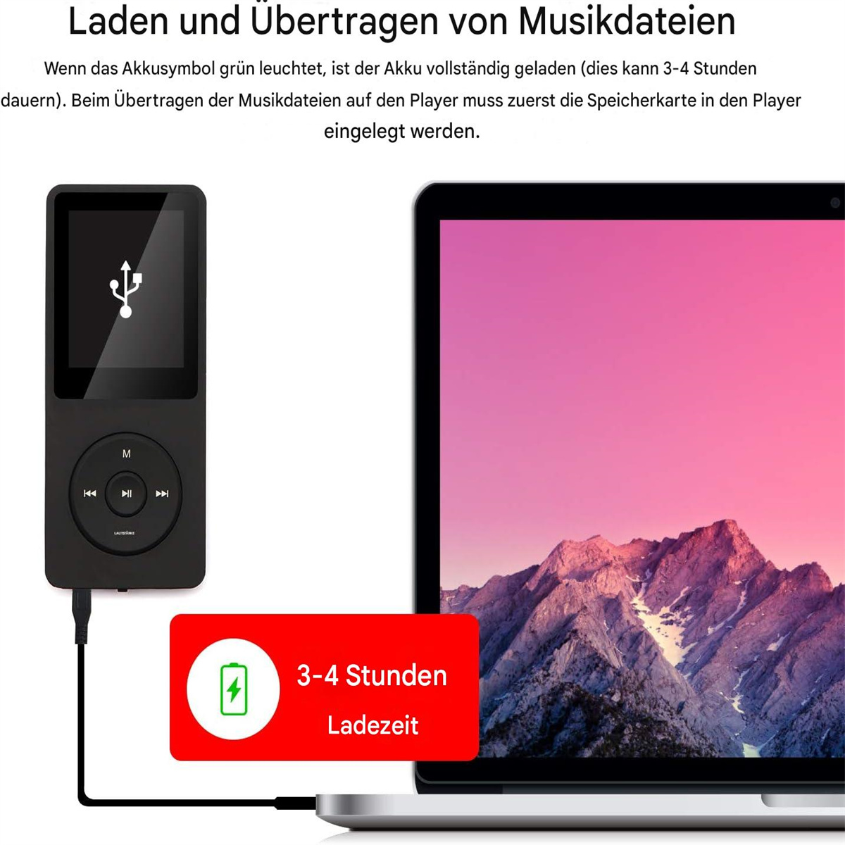 MP3-Player auf einem Schreibtisch, an einen Laptop angeschlossen. Ein Ladesymbol ist sichtbar, mit 3-4 Stunden Ladezeit.