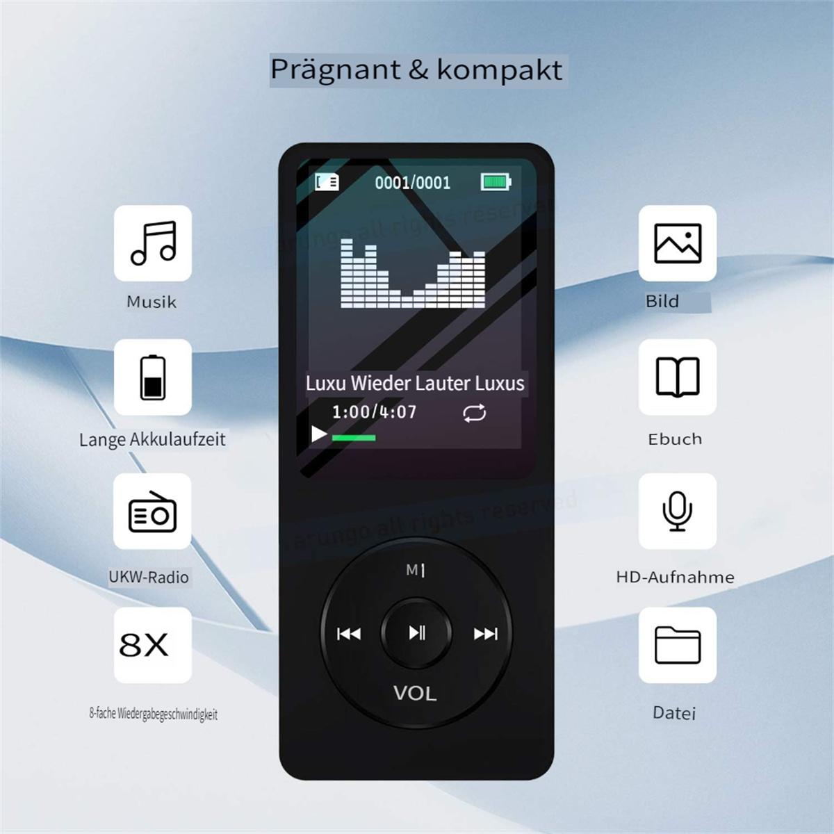 Schwarzer MP3-Player mit Bildschirm. Er hat Musik-, Bild- und E-Book-Symbole. Der Player hat eine kreisförmige Navigation.