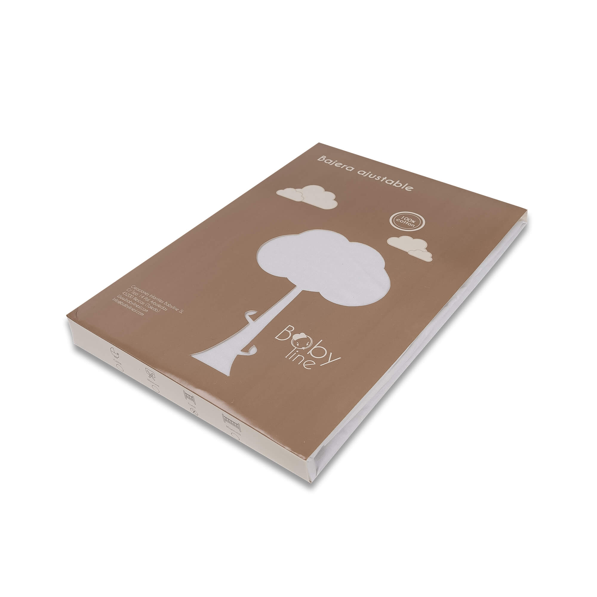 Caja con gráfico de árbol y texto 'Baby line'. Fondo blanco, vista en ángulo.
