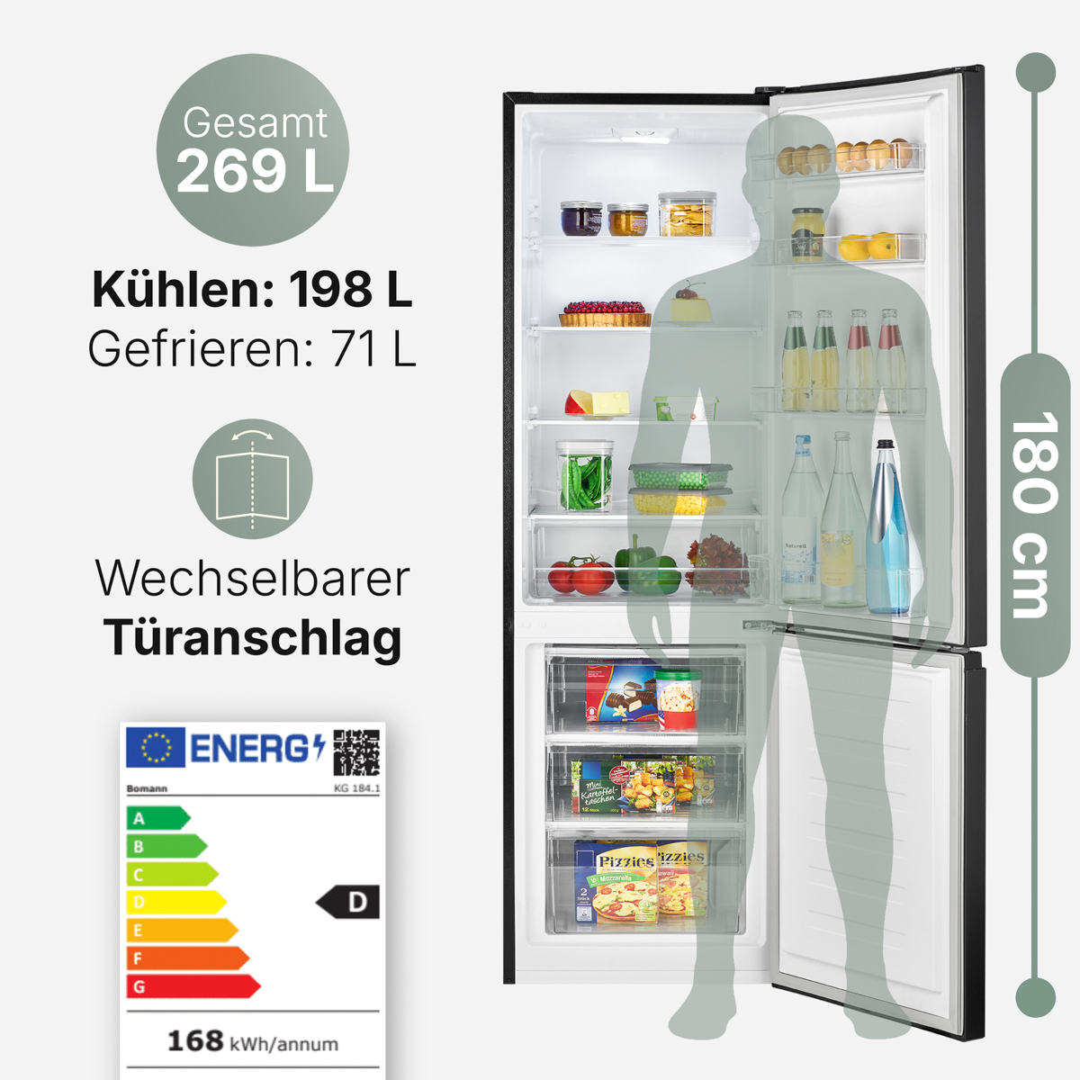 Kühlschrankinnenraum mit Regalen und Lebensmitteln, darunter Gefrierfach. Energieetikett, Höhenanzeige und Kapazitätsdetails sind sichtbar.