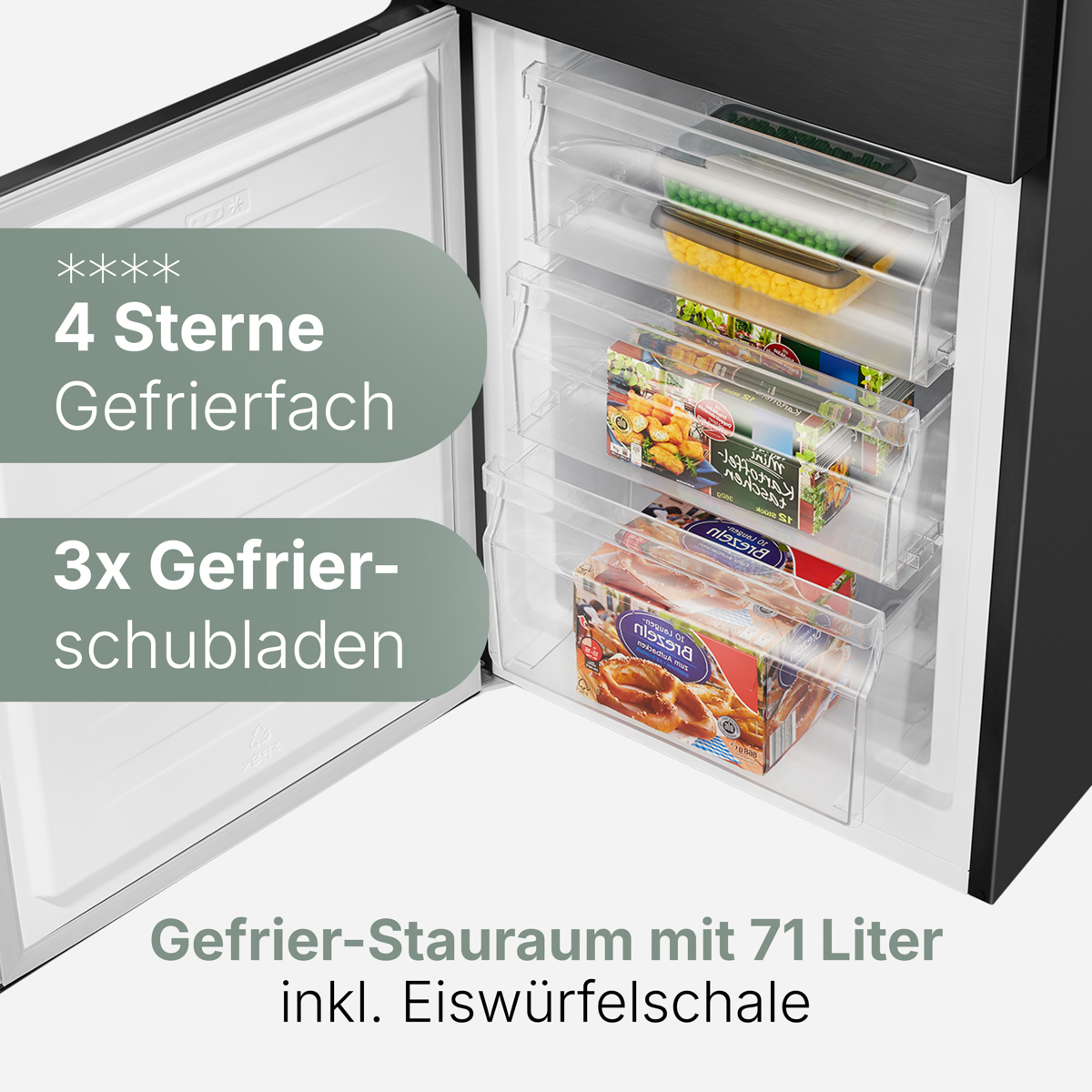 Gefrierfach mit transparenten Schubladen, gefrorene Lebensmittel. Textetiketten zeigen die Eigenschaften und Kapazität des Gefrierschranks.