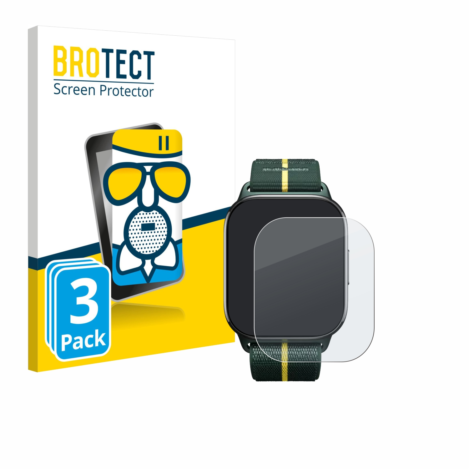 Bildschirmschutzbox und Displayschutzfolie für eine Smartwatch. Dreierpack. Airglass Logo.