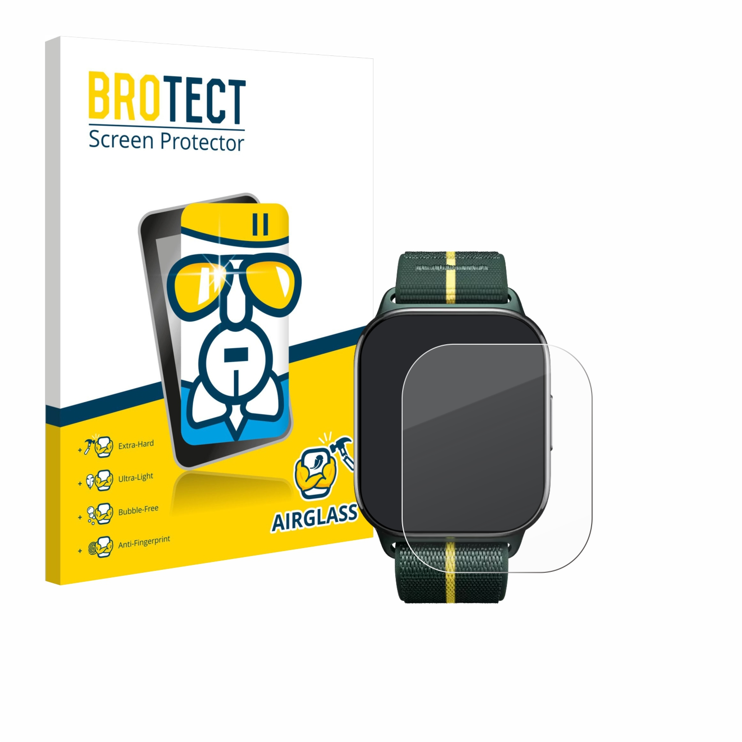 Eine Smartwatch mit grünem Armband und ein Displayschutz-Kit werden gezeigt. Das Kit hat eine Displayschutzfolie und eine Cartoonfigur.