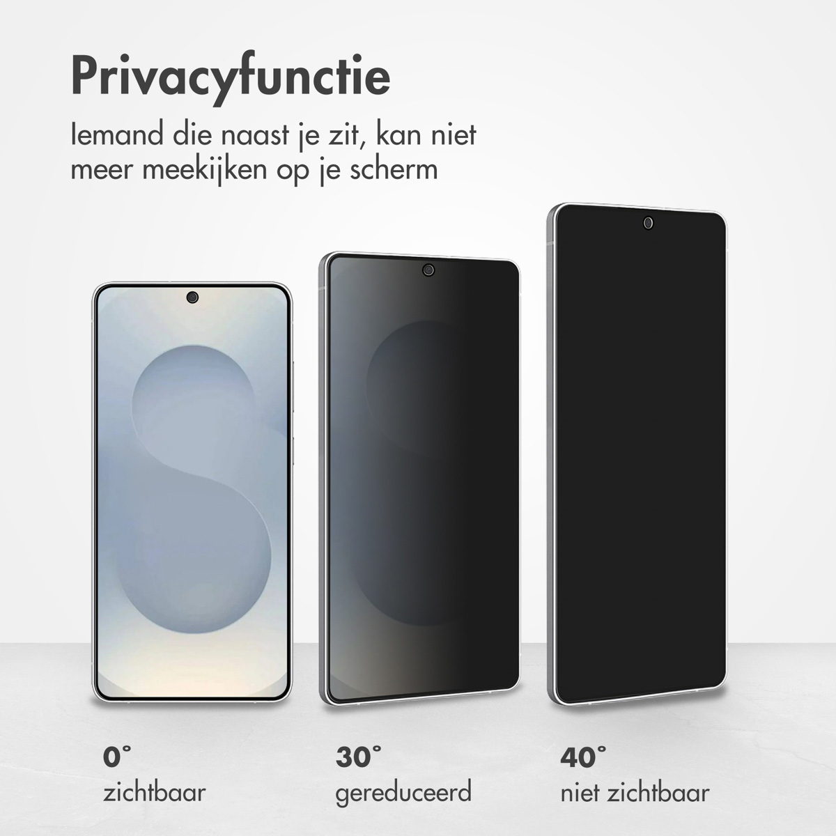 Trois téléphones affichant les niveaux de confidentialité : 0, 30 et 40 degrés de visibilité.