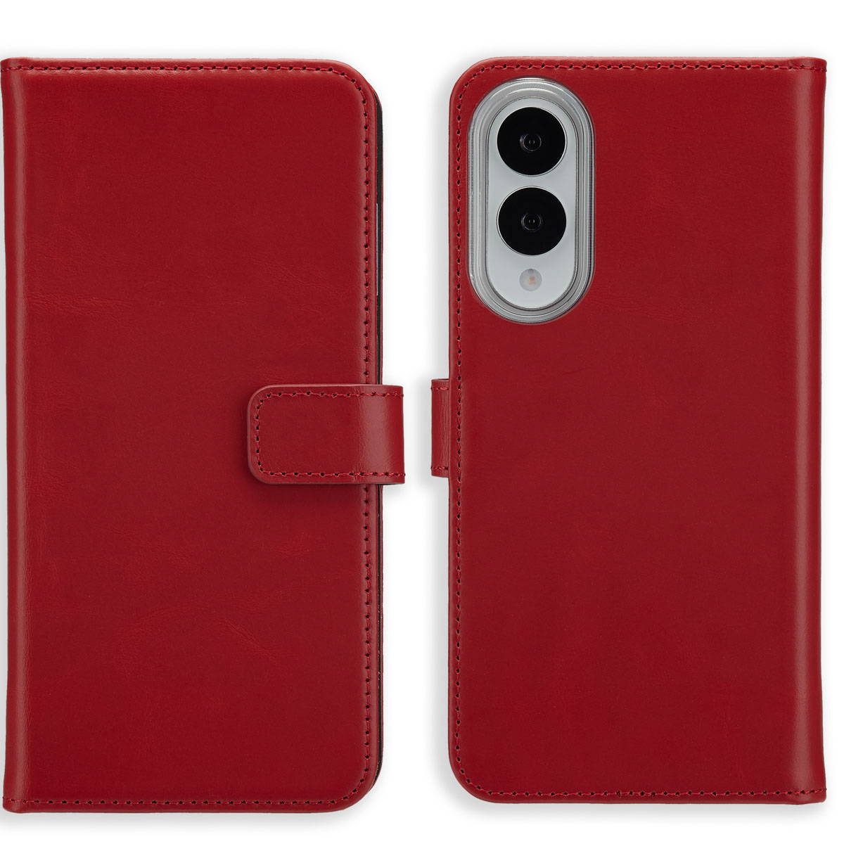 Una custodia per telefono in pelle rossa aperta, che rivela un telefono e fessure per carte.