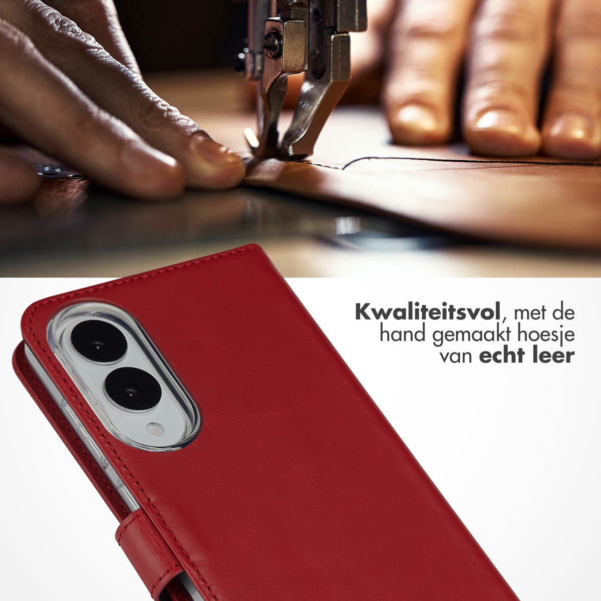 Custodia rossa su un telefono, testo olandese: custodia fatta a mano in vera pelle.
