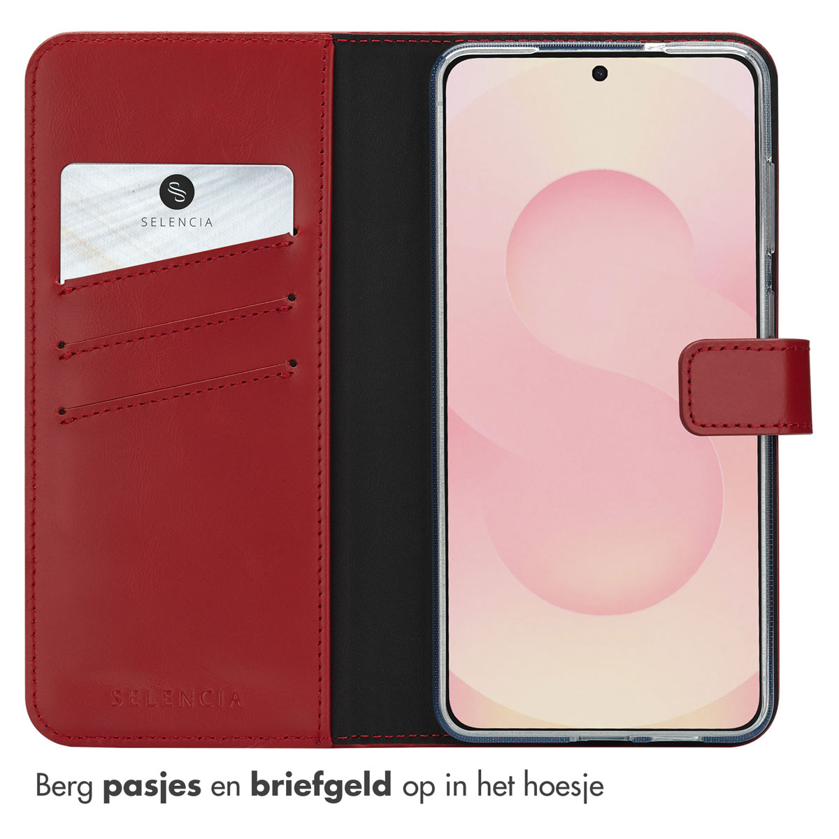 Een rode leren telefoonhoes open, met een telefoon en kaartsleuven.