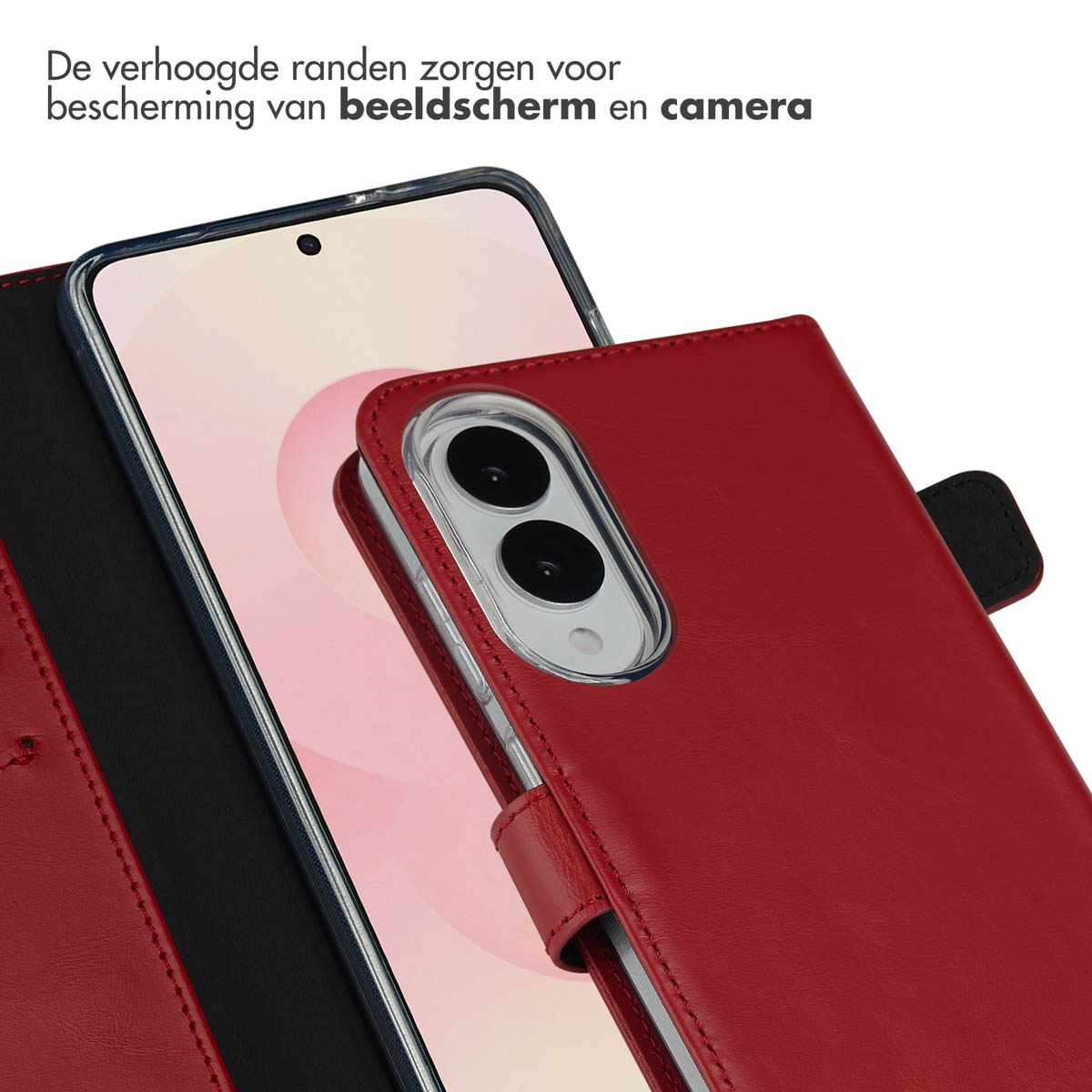 Rode telefoonhoes op smartphone, Nederlandse tekst: verbeterde schermbescherming.
