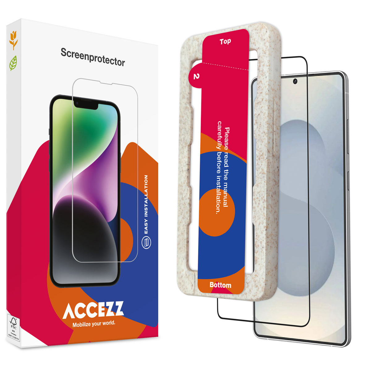 Scatola e applicatore per protezione schermo, con telefono e protezione schermo. Testo: Easy Installation, ACCEZZ.