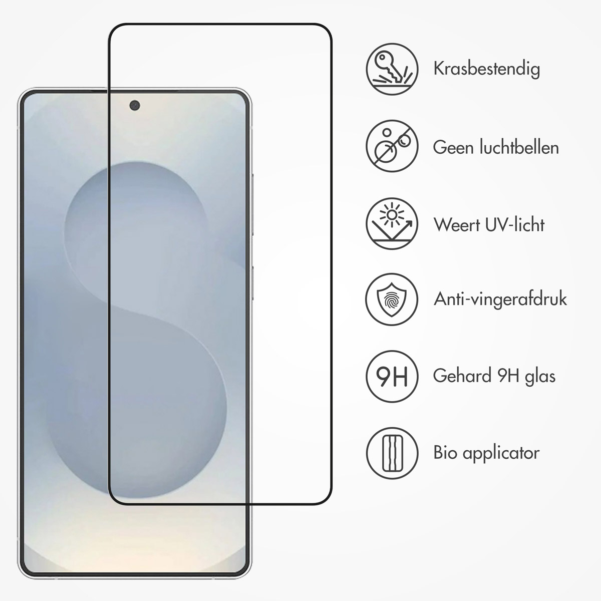 Telefono e protezione schermo. Icone per antigraffio, senza bolle, protezione UV, a prova di impronte digitali, vetro 9H, applicatore bio.