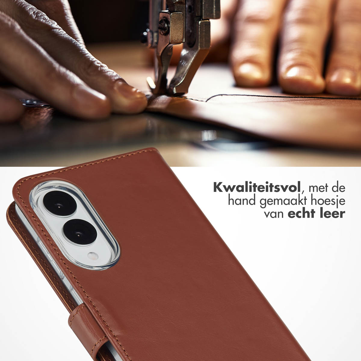Una mano che cuce la pelle. Una custodia per telefono in primo piano, una macchina da cucire dietro.
