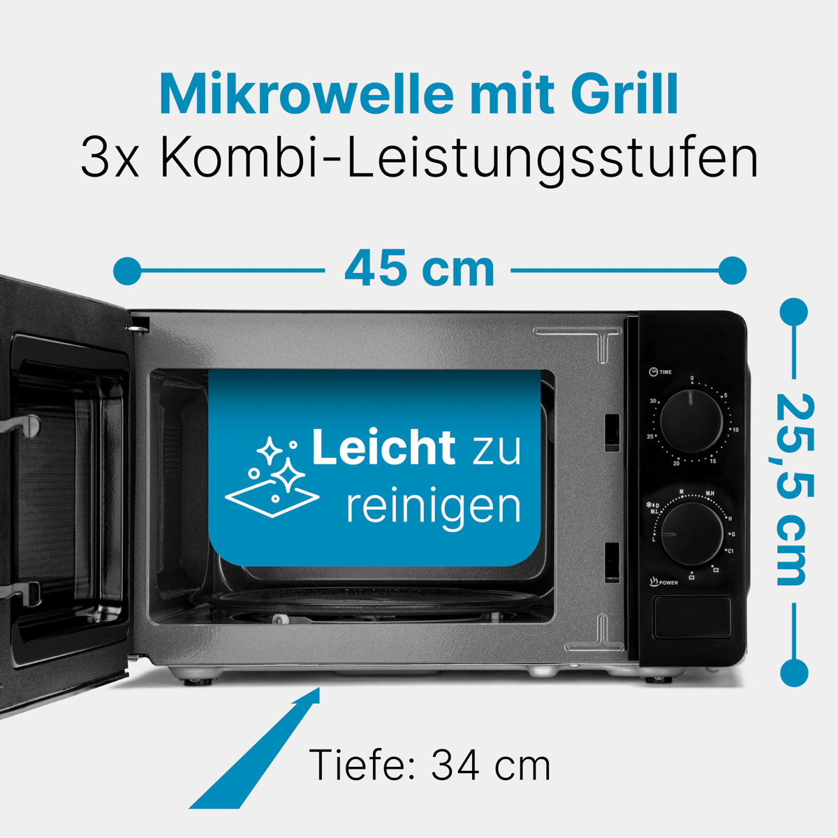 Kuchenka mikrofalowa z wymiarami i tekstem. Kuchenka jest otwarta, pokazując wnętrze.