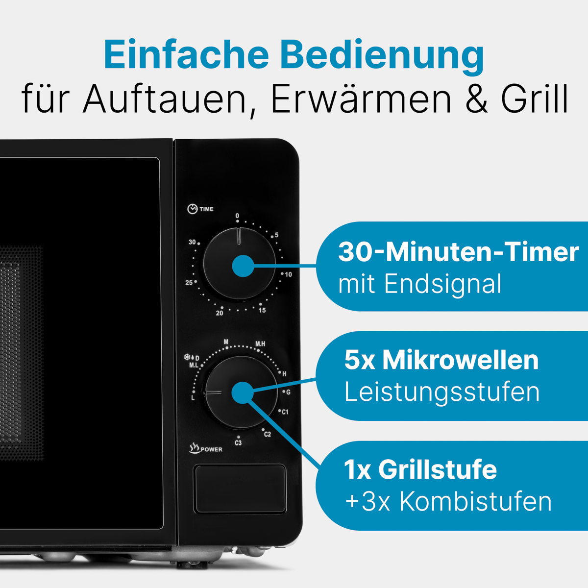 Czarna kuchenka mikrofalowa z timerem, poziomami mocy i funkcjami grilla. Niemiecki tekst opisuje funkcje.