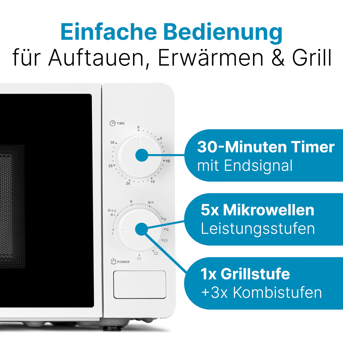 Zbliżenie panelu sterowania kuchenki mikrofalowej z przyciskami i pokrętłem timera.