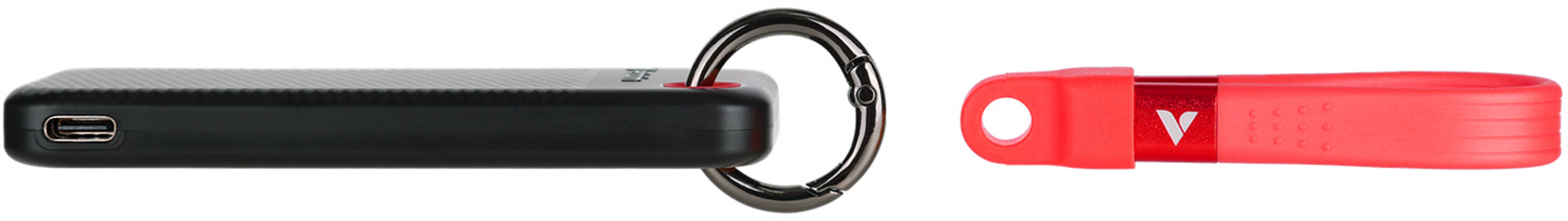 Dwa obiekty: czarny pendrive z kółkiem i czerwony pasek z logo.