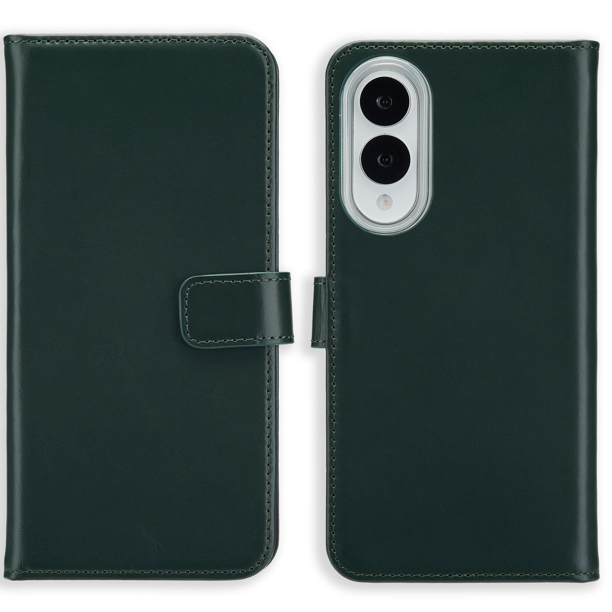Custodia verde per telefono, aperta, che mostra il telefono e uno slot per schede. La custodia è aperta, rivelando il telefono.