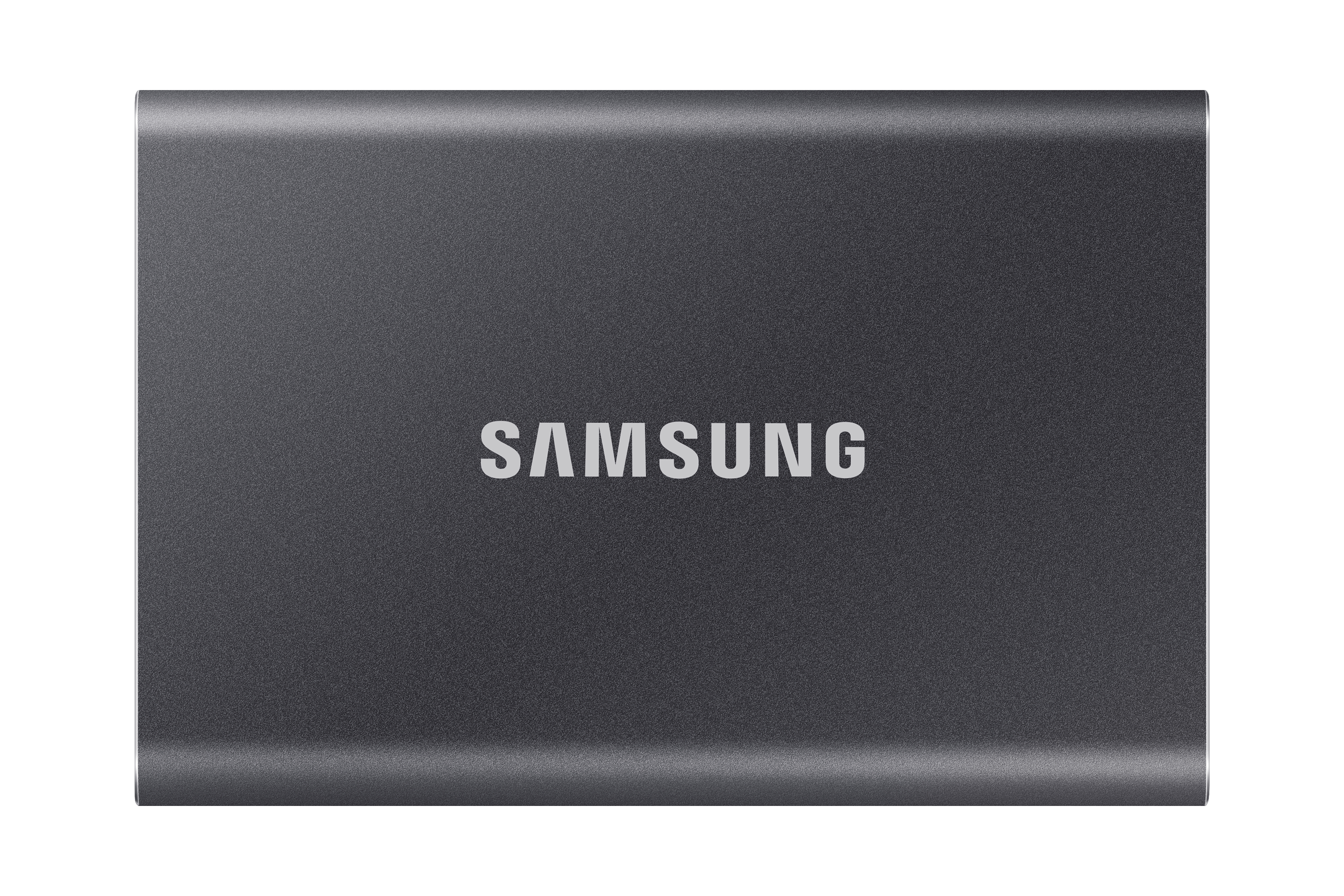 Dunkelgraue Samsung SSD. Samsung steht in Weiß auf der Oberfläche der SSD.