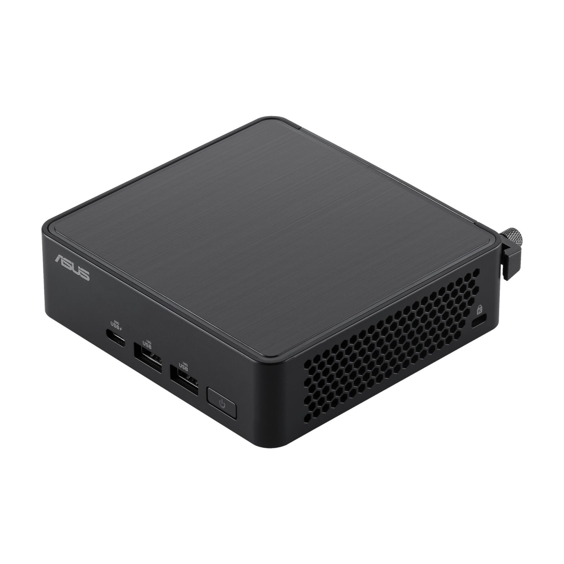 Mini PC ASUS negro. Con puertos USB, botón de encendido y logotipo de ASUS. Aislado sobre fondo blanco, vista en ángulo.