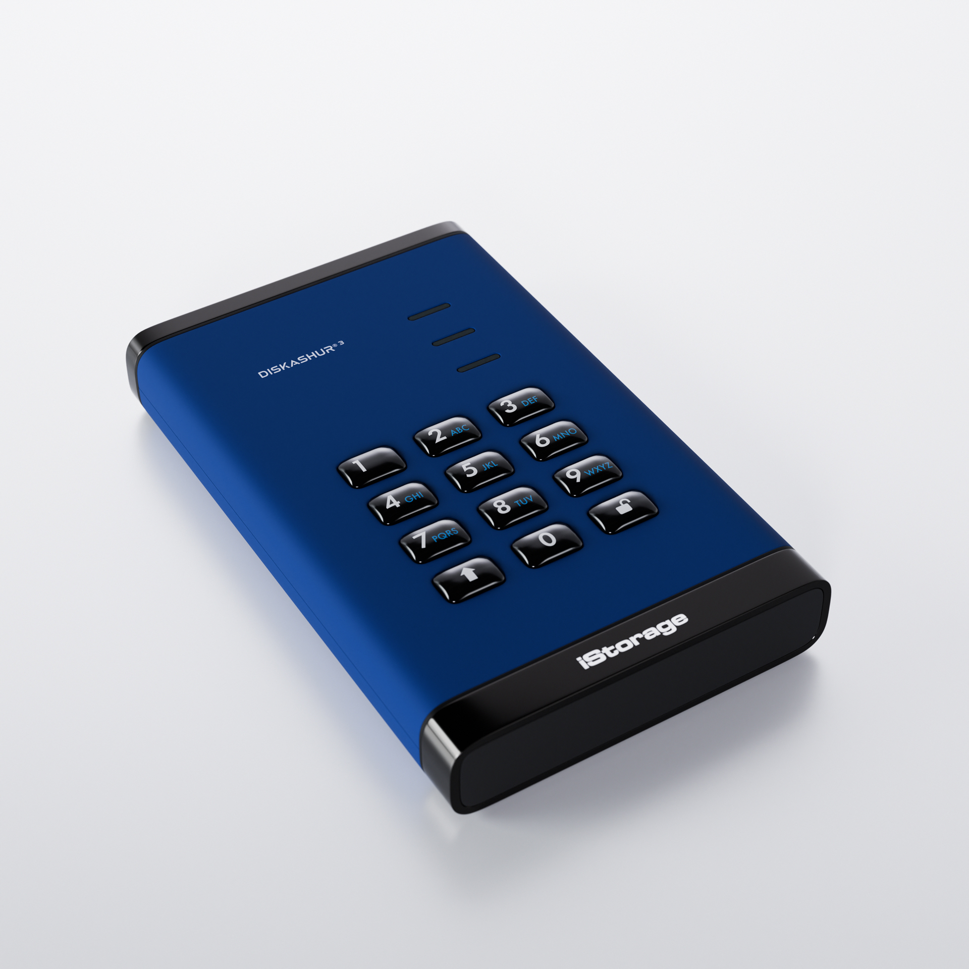 Dispositivo iStorage Diskhur3 blu con tastiera.