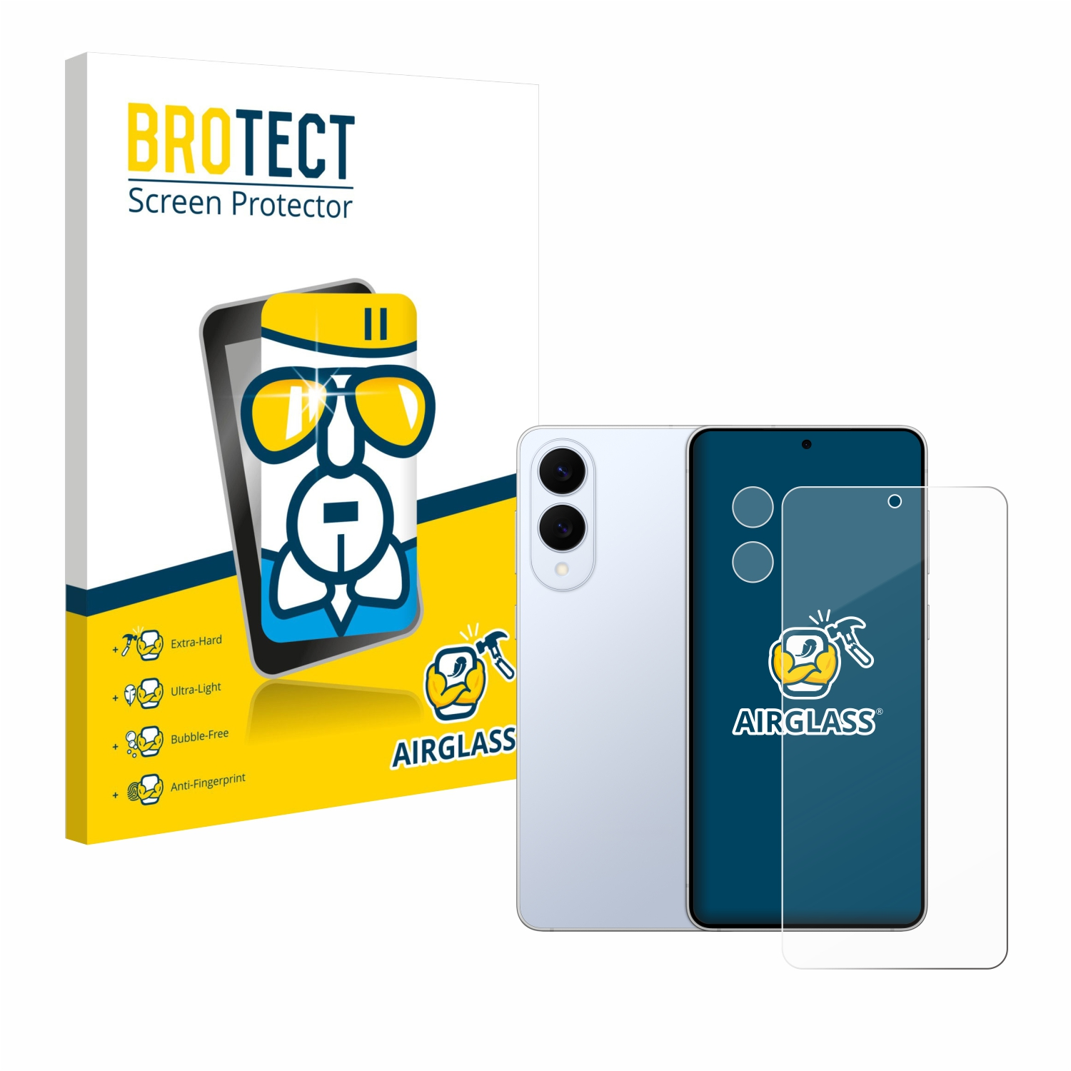 Telefon, Displayschutz und Verpackung. Schutz ist klar, Telefon blau.