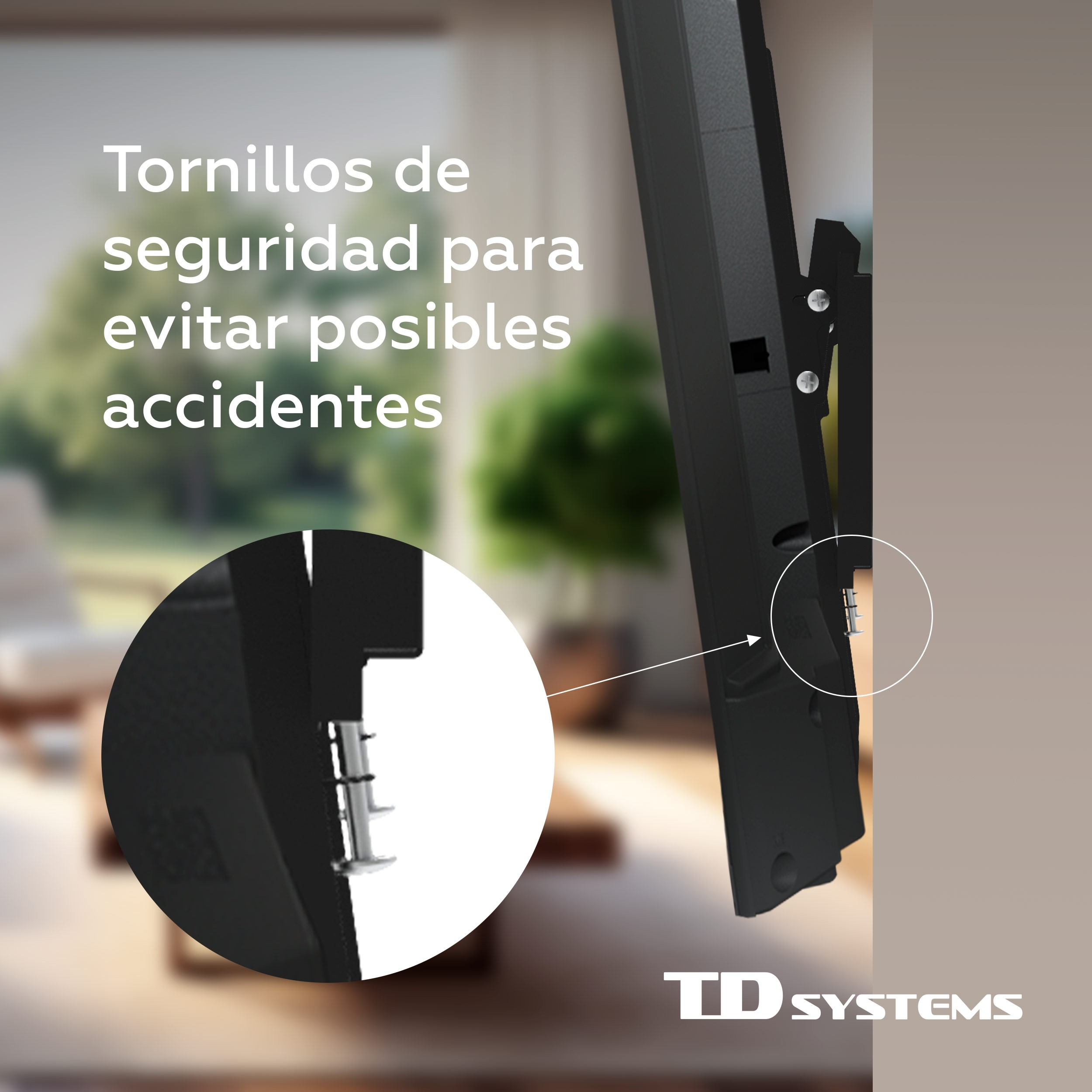Un primer plano muestra tornillos en un soporte de TV. El logotipo de TD SYSTEMS está en la esquina inferior derecha.