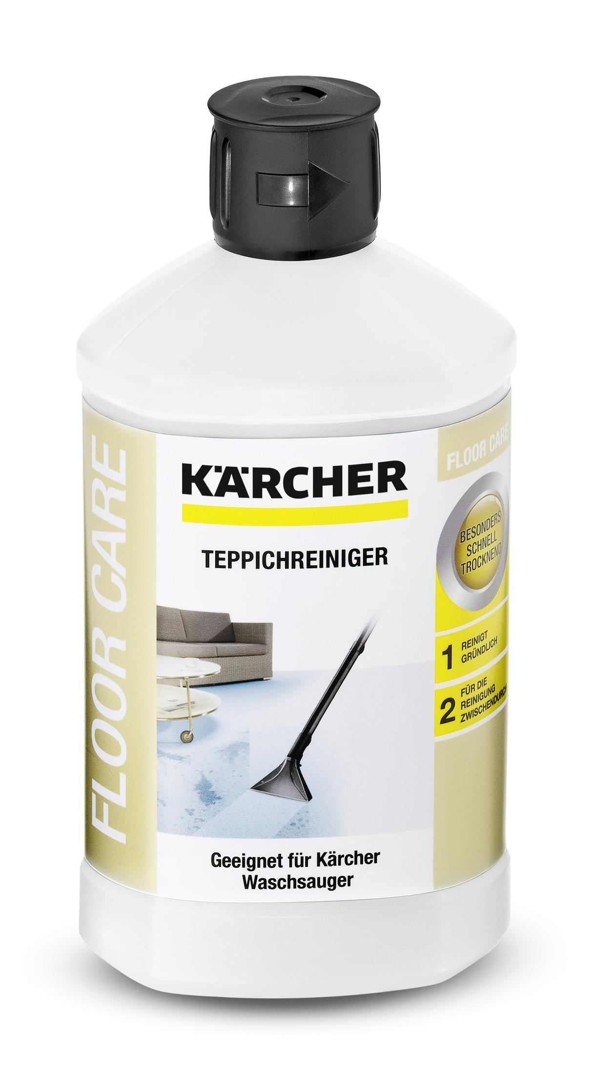 Weiße Flasche mit Kärcher-Logo. Auf dem Etikett steht Bodenpflege und zeigt ein Bild von Bodenreiniger.