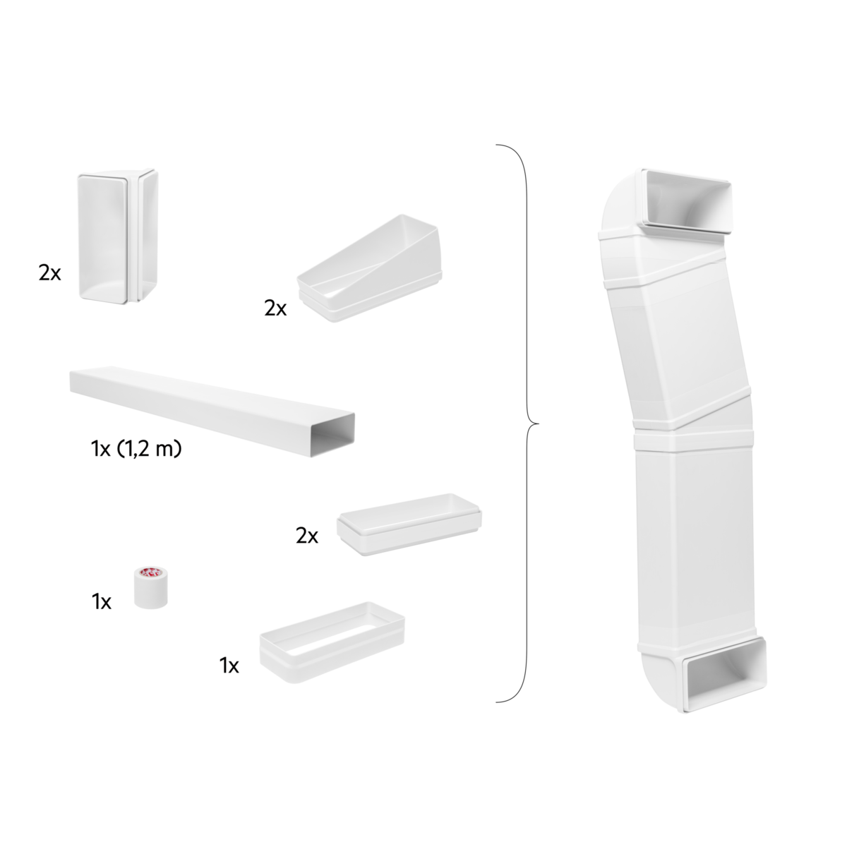 Białe elementy kanałów i narożnik na czarnym tle z etykietami.