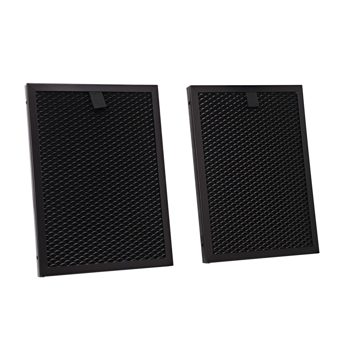 Dos filtros rectangulares negros. Cada uno con marco negro y malla, probablemente para un purificador de aire.