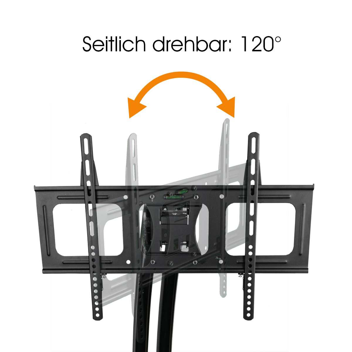 TV-Ständer mit TV-Halterung. Er hat einen Pfeil, der einen Schwenkbereich von 120 Grad anzeigt.