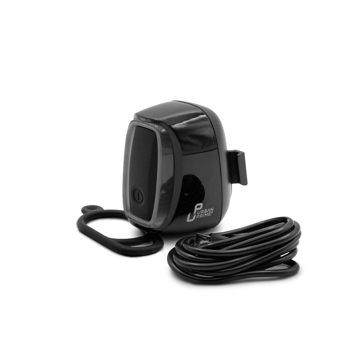 Dispositivo nero con cinturino e cavo. Urban Prime è scritto sul dispositivo. Sfondo bianco.