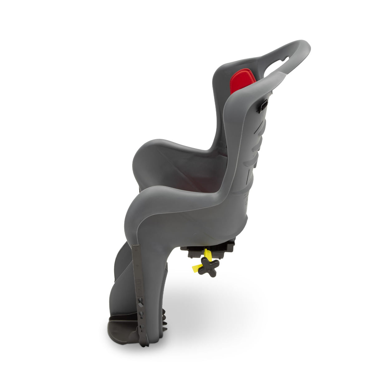 Seggiolino bici grigio con morsetto giallo e poggiatesta rosso, isolato su sfondo bianco.