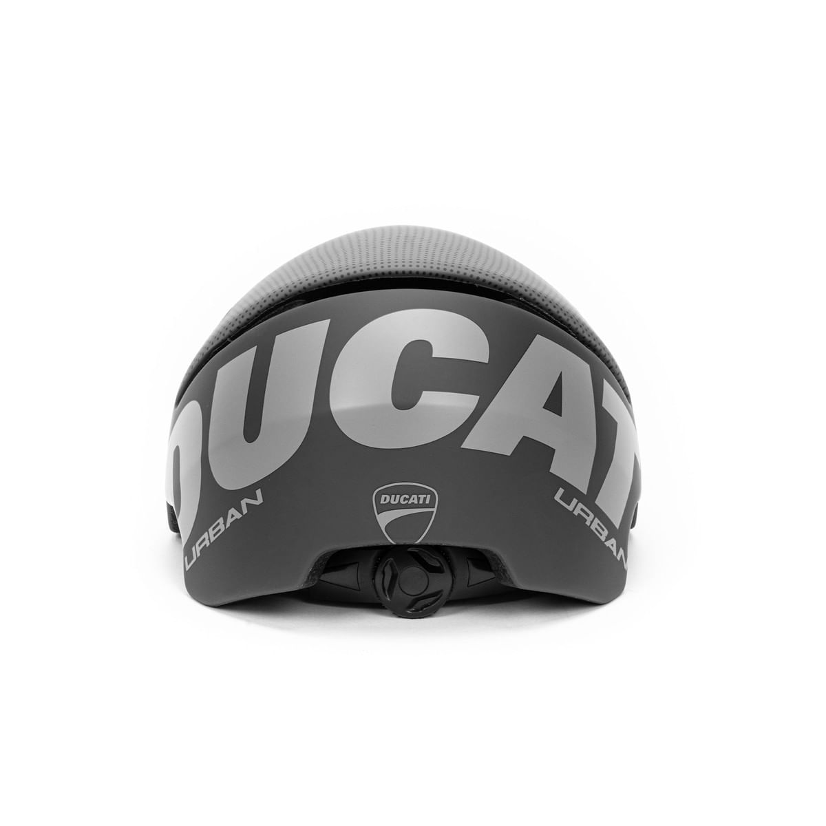 Czarny kask Ducati Urban, szare akcenty, białe tło. Logo Ducati z przodu.