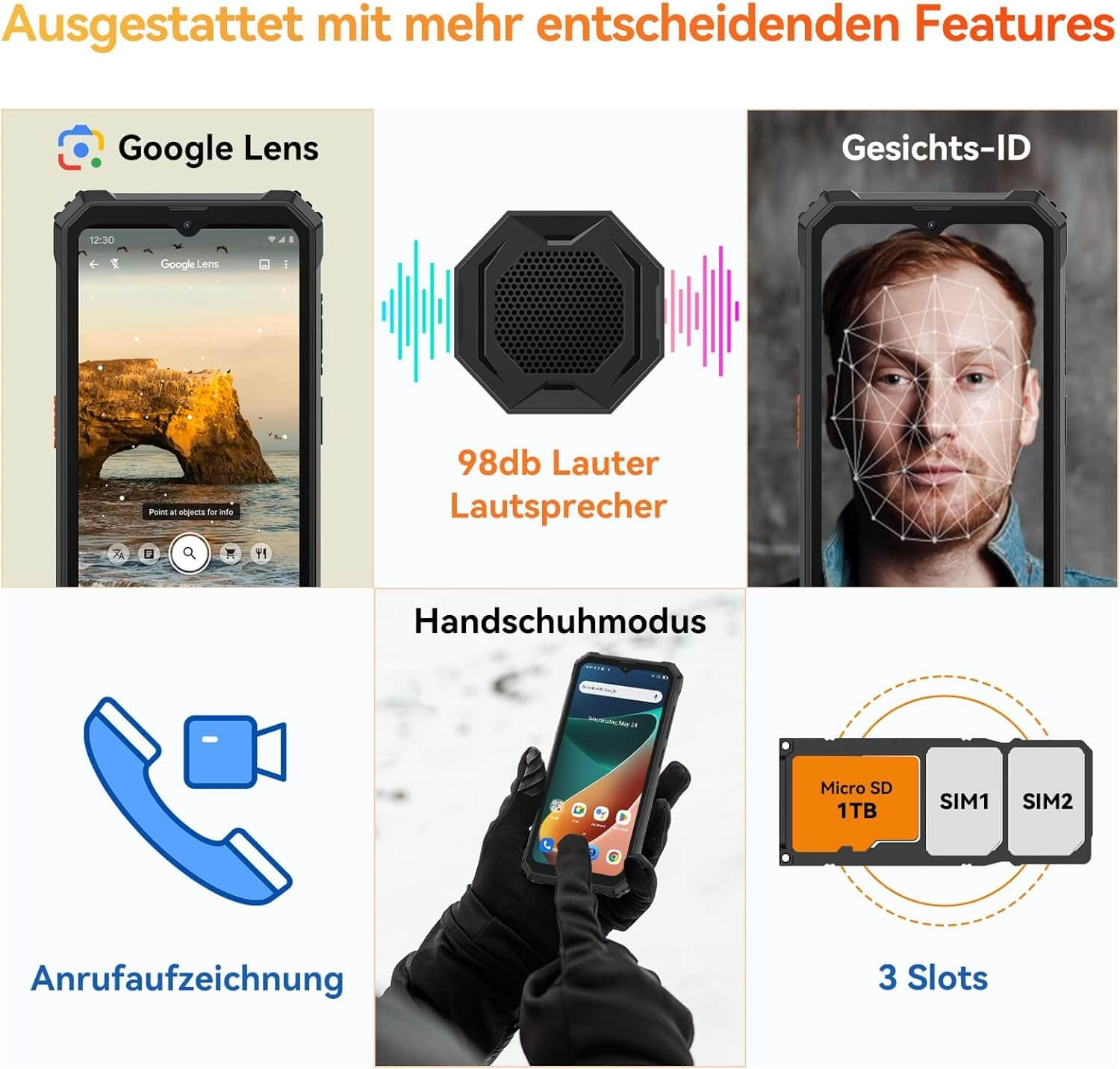 Collage von Telefonfunktionen: Google Lens, Lautsprecher, Gesichtserkennung, Anrufaufzeichnung, Handschuhmodus und 3 Steckplätze.