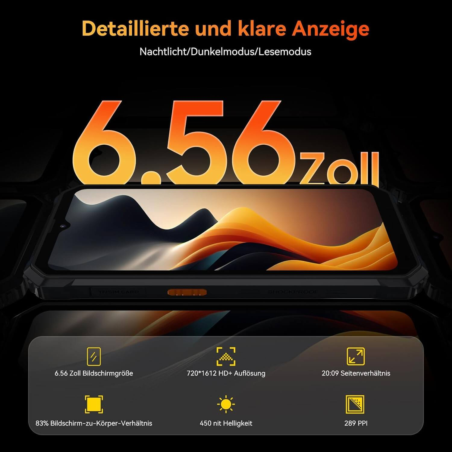 Telefon mit Bildschirminfo: 6,56 Zoll, 720*1612, 20:09 Verhältnis, 83% Bildschirm-zu-Körper, 450 nit, 289 PPI.