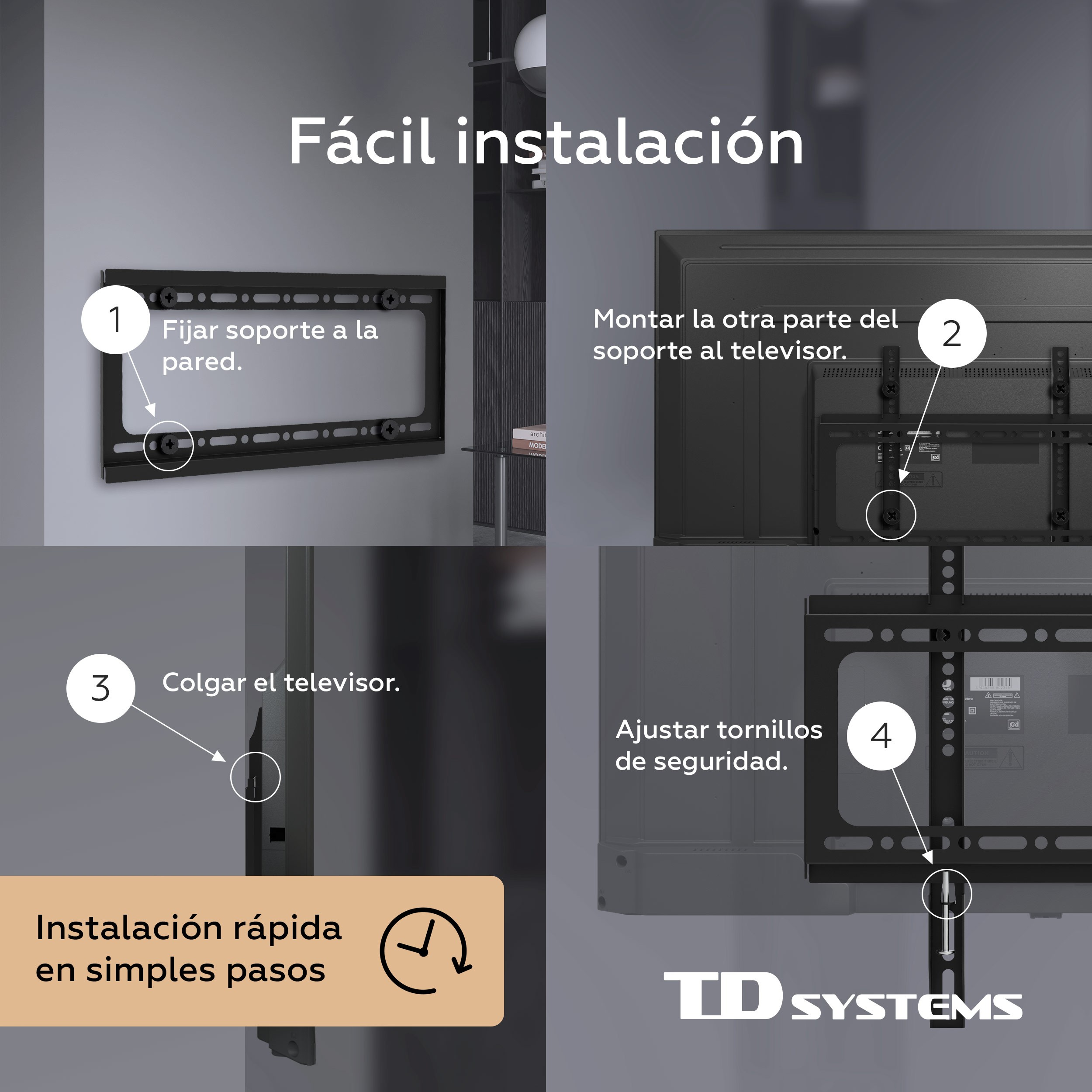 Instrucciones de instalación del soporte TV. Pasos: fijar soporte a pared, TV, colgar TV, asegurar tornillos.