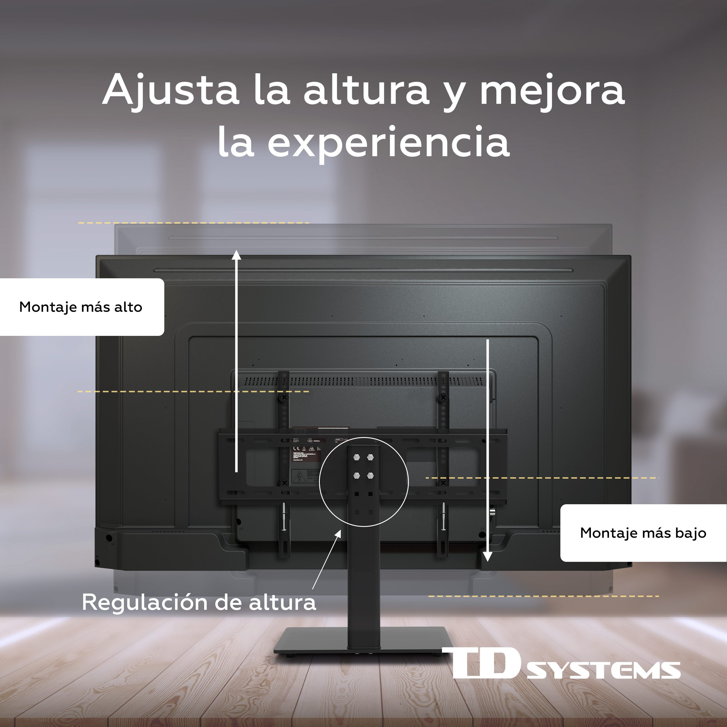TV en un soporte, con texto sobre ajuste de altura para una mejor experiencia de visualización.
