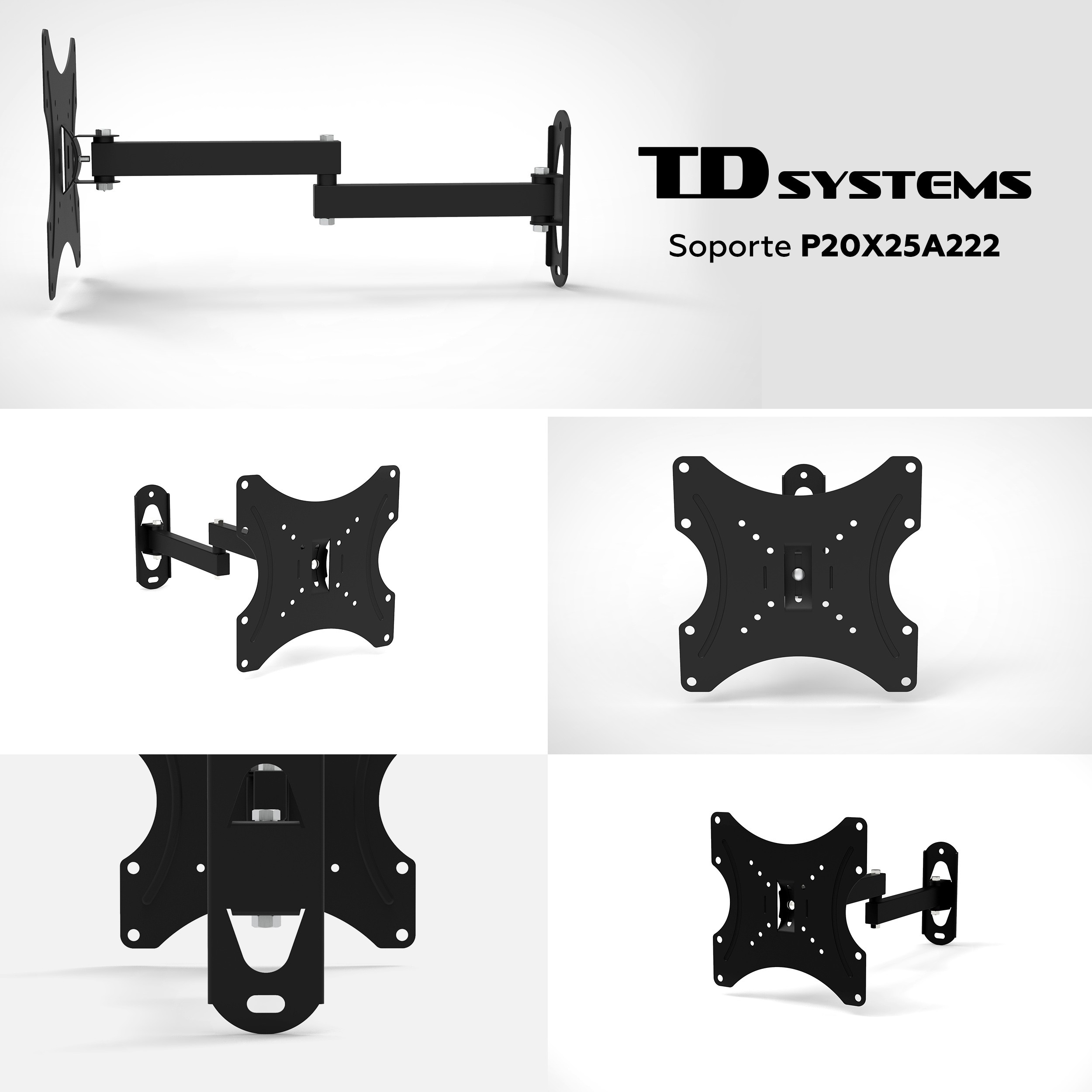 Kit de montaje en pared para TV negro, múltiples vistas desde diferentes ángulos.