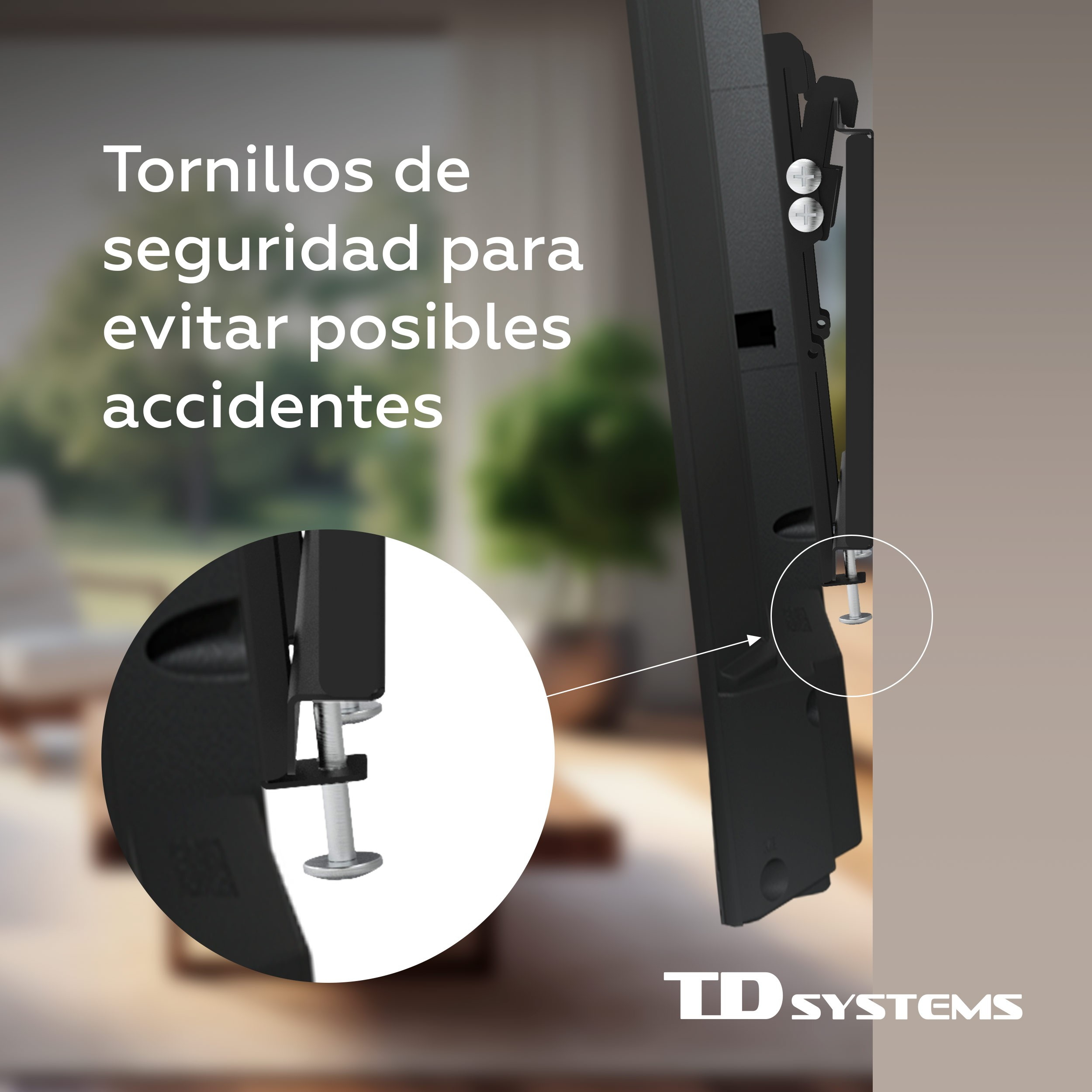 Primer plano de tornillos de montaje de TV para evitar accidentes. TV en la pared.