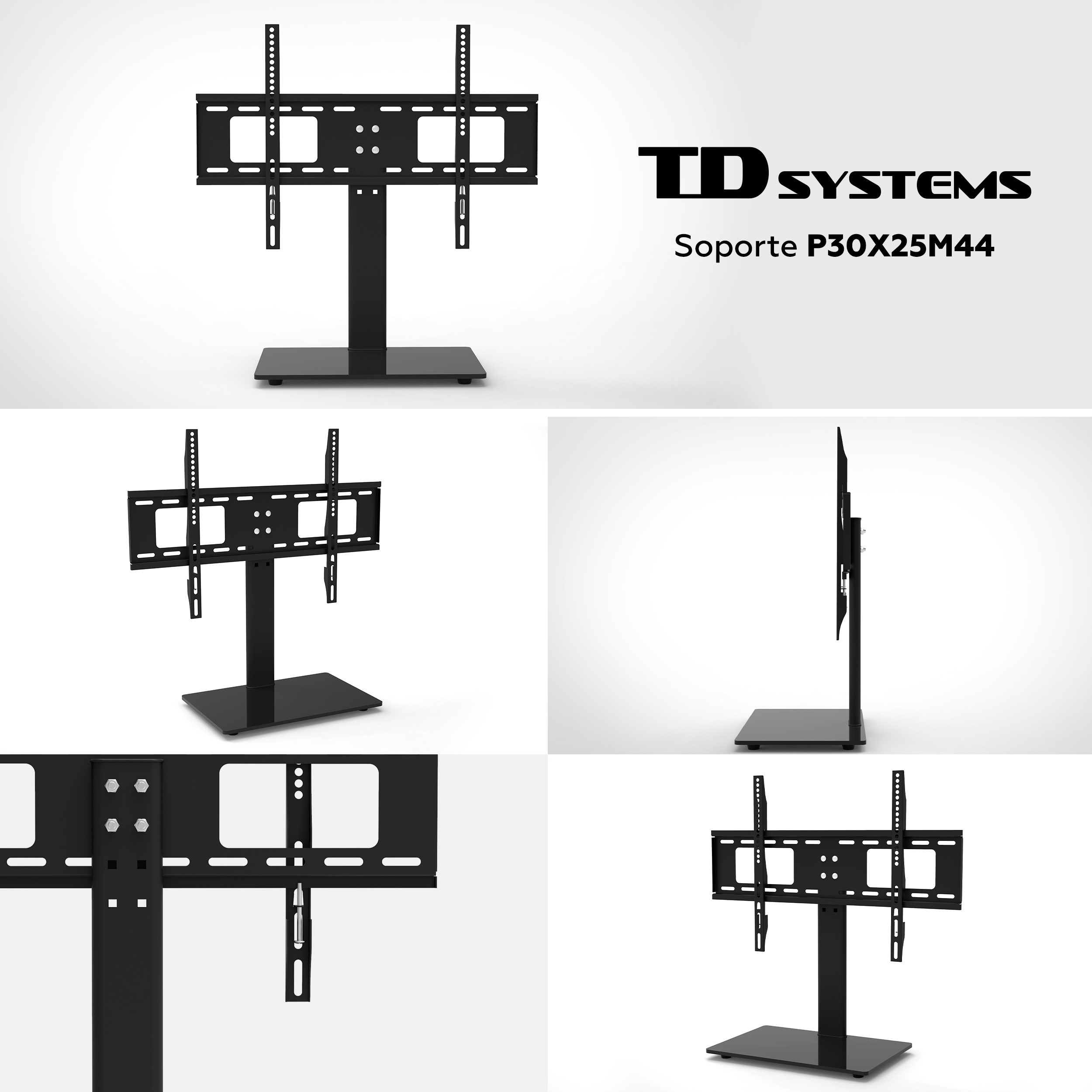 Múltiples vistas de un soporte de TV negro, con base rectangular y soporte vertical.