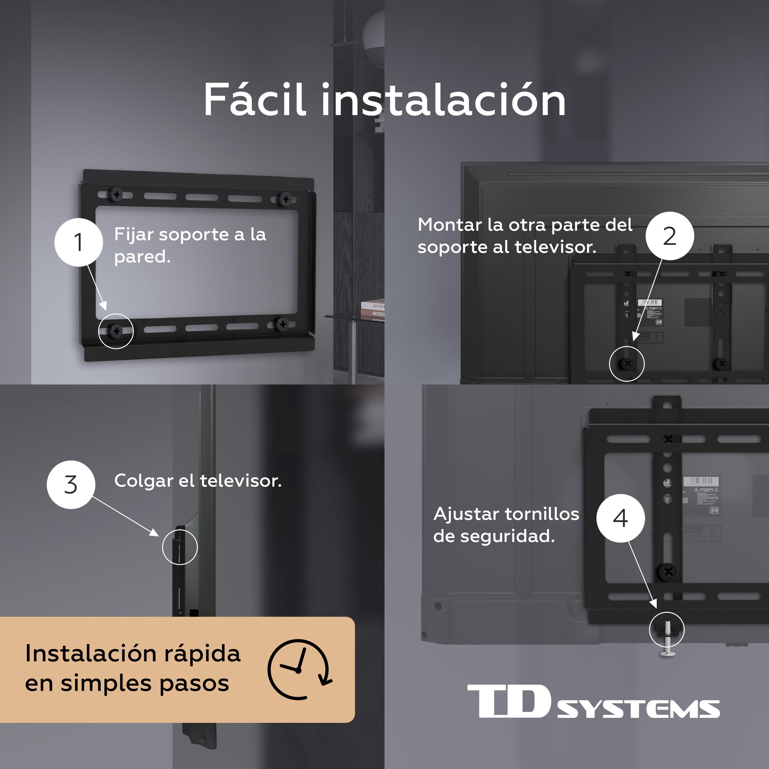Cuatro pasos que muestran cómo instalar un soporte de TV en una pared.