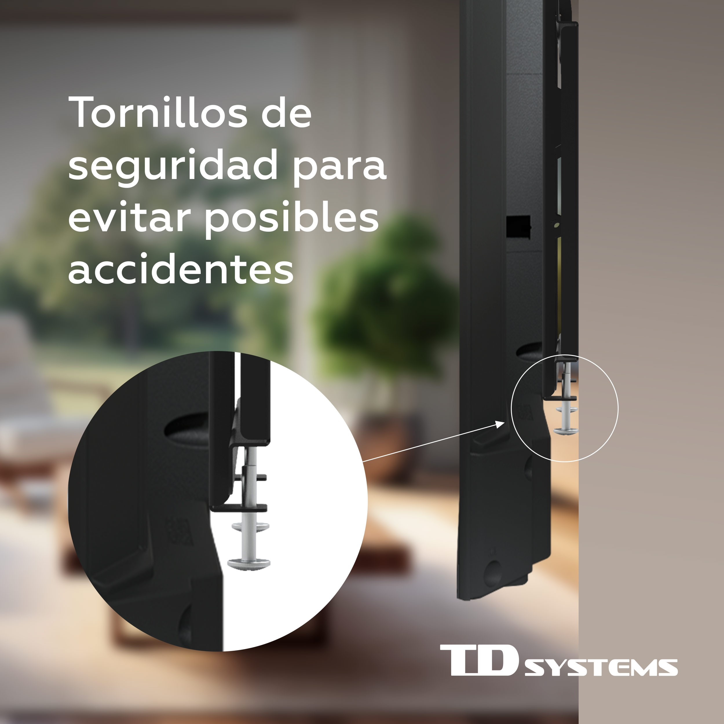 Primer plano del tornillo de seguridad en el soporte de TV.