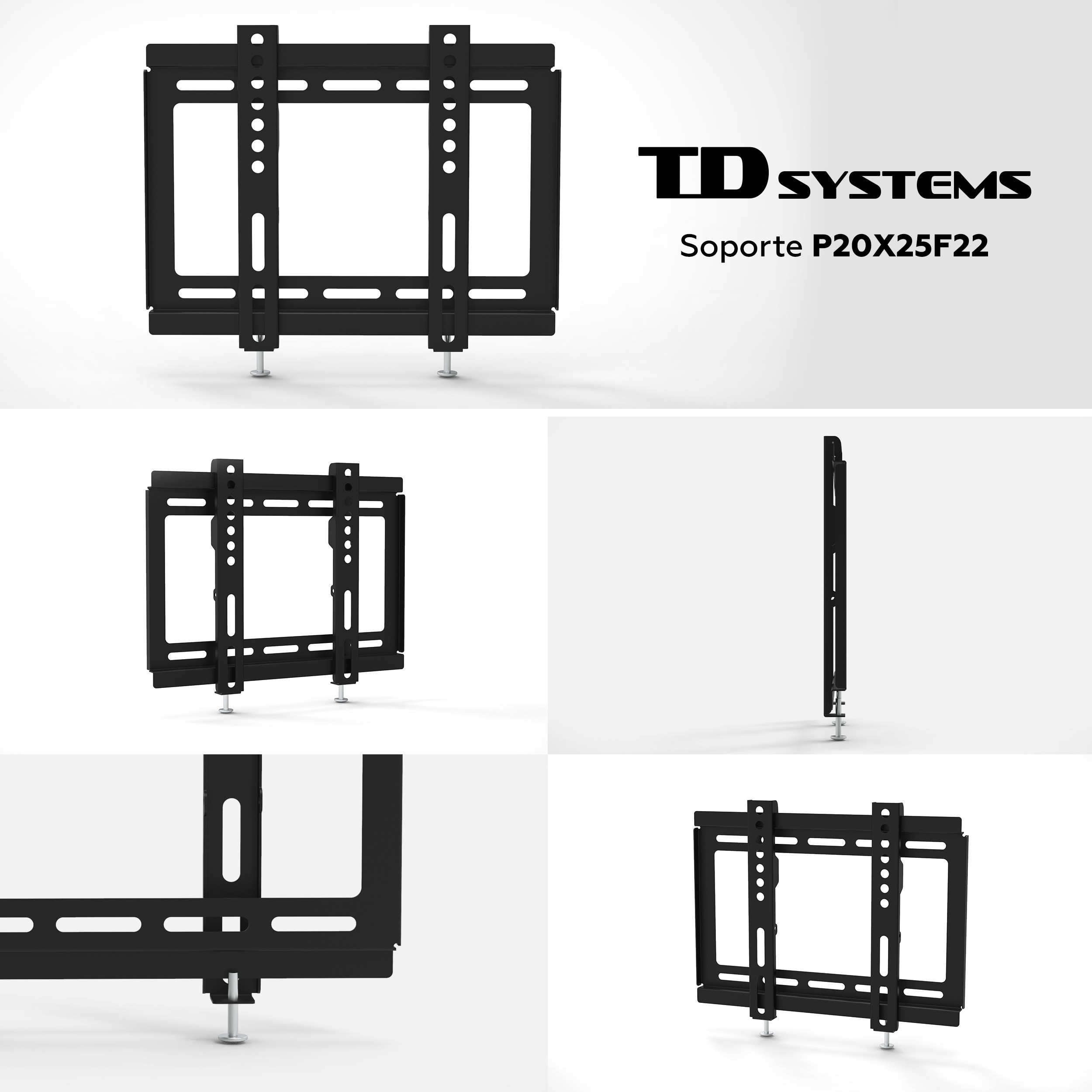 Soporte de TV TD SYSTEMS. Soporte de metal negro en múltiples vistas; frontal, lateral y en ángulo. Tornillos visibles.