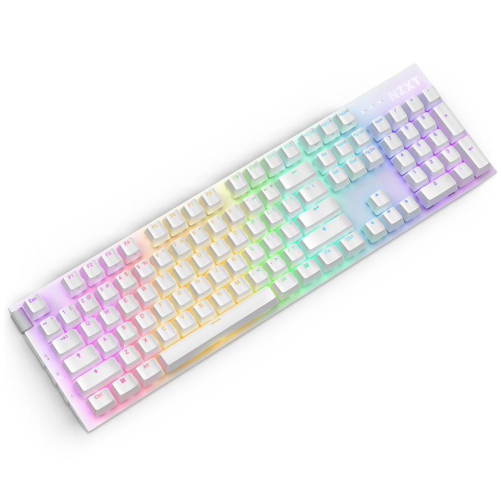 Witte NZXT-toetsenbord met regenboogverlichting en een witte polssteun, bovenaanzicht.