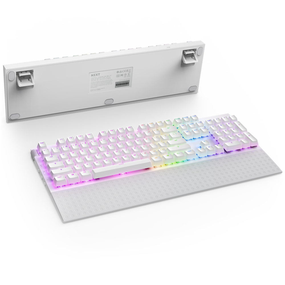 NZXT-toetsenbord, wit met regenboogverlichting, en een aparte weergave van de onderkant.