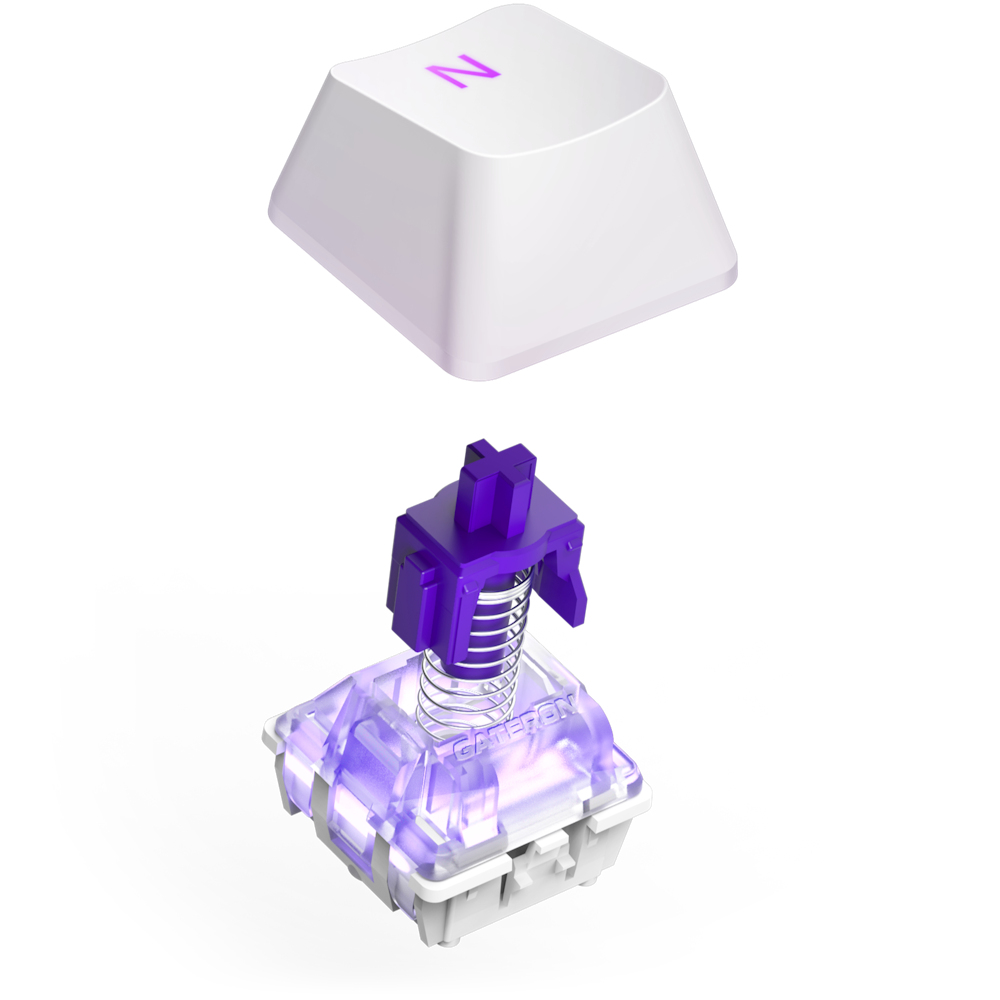 Gedemonteerde toetsenbordtoets. Witte keycap met paarse 'N', paarse schakelaar met veer en transparante basis met licht.