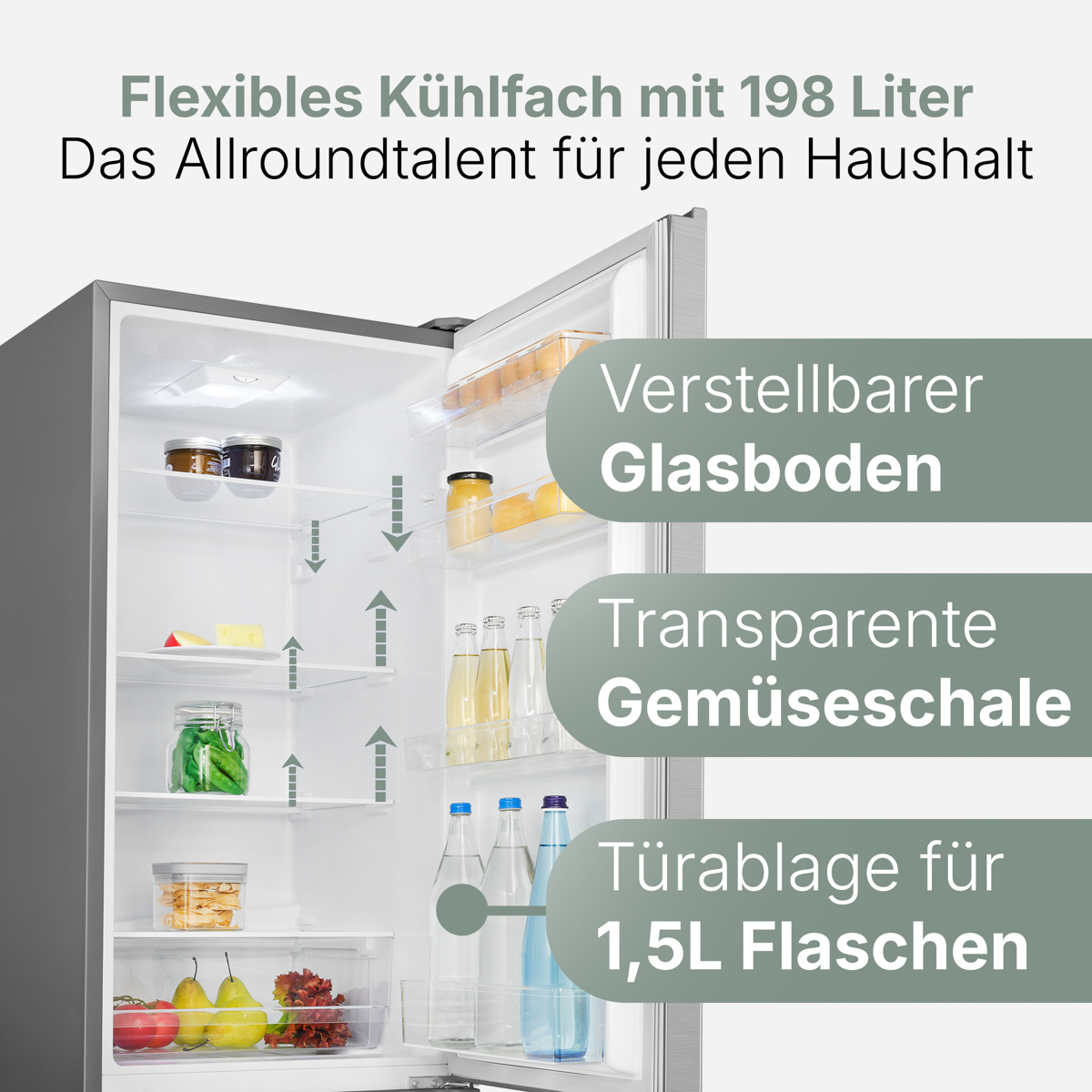 Wnętrze lodówki z regulowanymi półkami, szufladami na warzywa i miejscem na butelki.