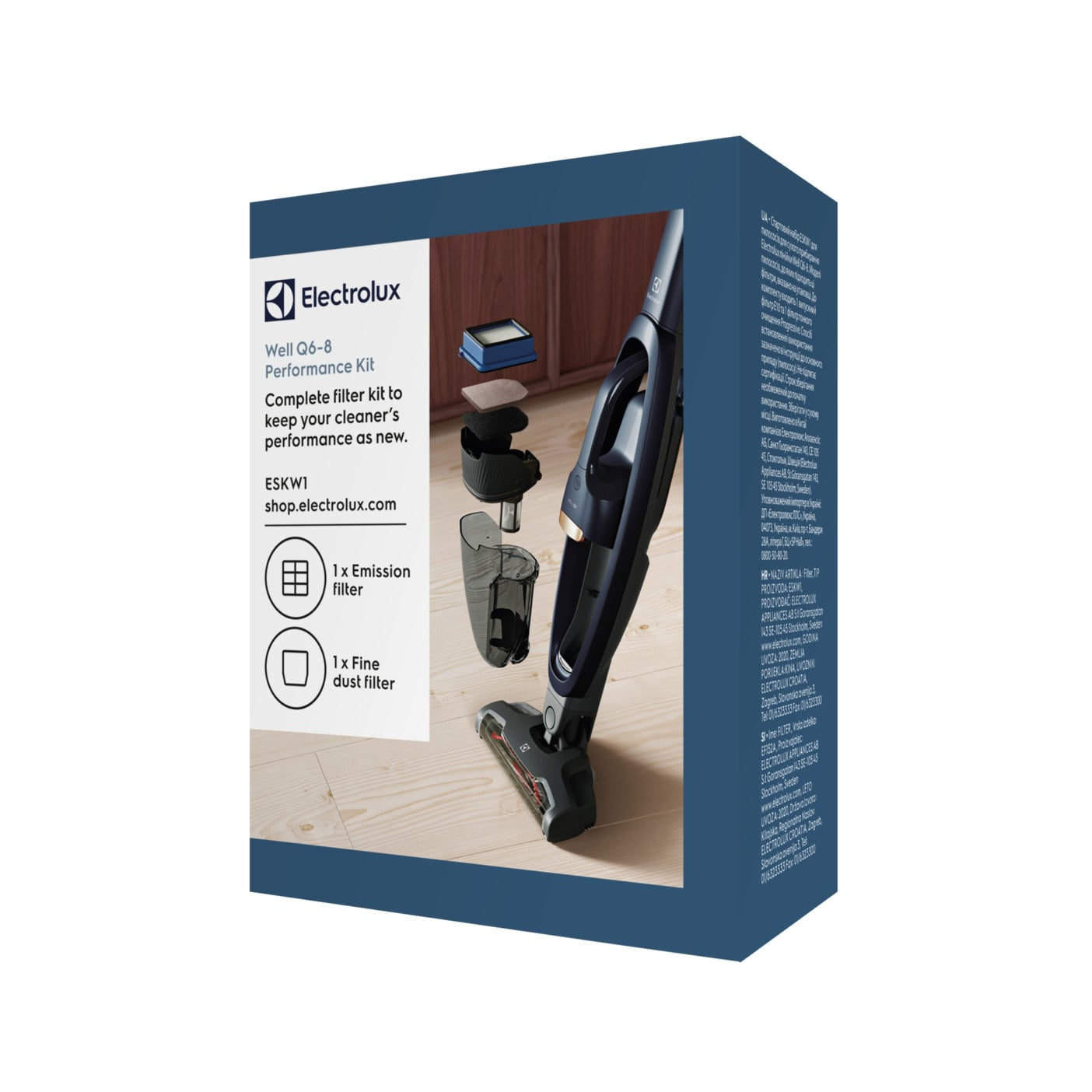 Scatola del kit filtro per aspirapolvere Electrolux. Include filtri e aspirapolvere. Sfondo bianco.