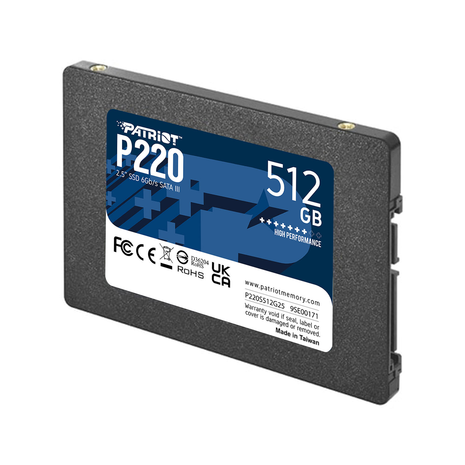 Czarny dysk SSD Patriot P220. 512 GB. Biała etykieta z niebieskimi akcentami. Ciemnoszara obudowa. Białe tło.